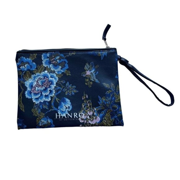 NWOT HANRO FAUX LEATHER NAVY BLUE FLORAL BIRD PRINT ZIPPED COSMETIC POUCH BAG - Picture 1 of 6